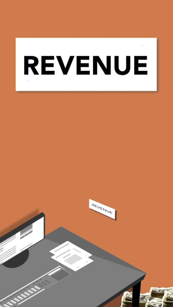 Home Illustration of computer with documents near pile of banknotes representing revenue concept on orange background